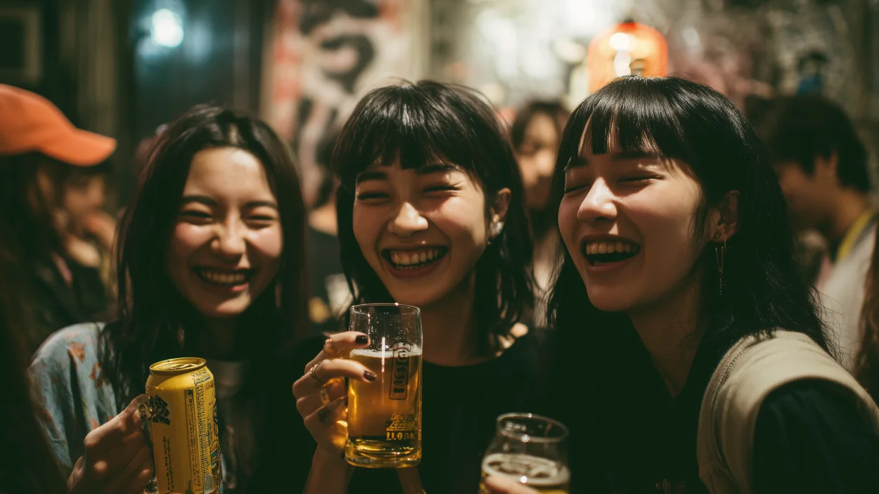 Gírias Japonesas: Jovens japoneses estilosos bebendo cerveja em longneck em tóquio, dando gargalhadas