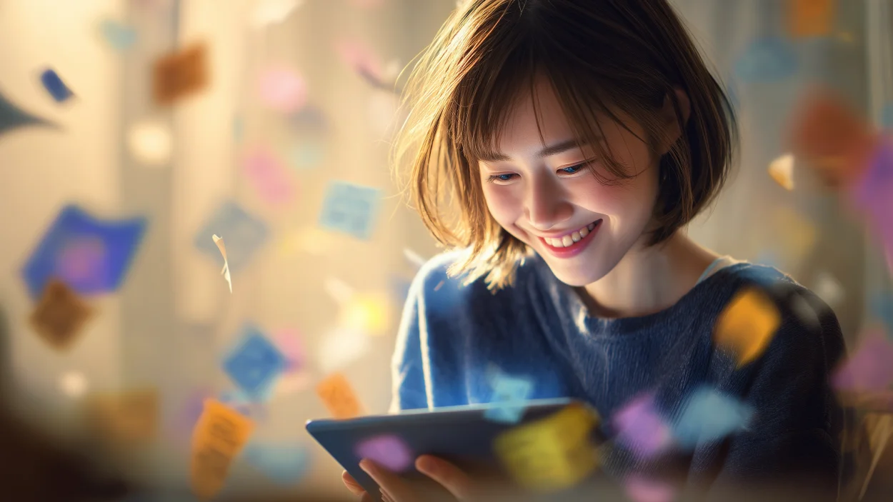 Uma pessoa jovem e sorridente, com feições asiáticas ou ocidentais, em um ambiente aconchegante e iluminado, segurando um tablet com um aplicativo gamificado que exibe caracteres Hiragana e Katakana coloridos e animados. Ao redor, flutuam flashcards e pequenos balões de fala com ideogramas japoneses. A pessoa está engajada e divertida, com um olhar de descoberta. Estilo vibrante e moderno, com cores quentes e suaves. Iluminação natural e acolhedora. Sensação de facilidade, alegria e progresso no aprendizado. Fotografia ultra-realista, com foco nítido na expressão facial e nos detalhes dos caracteres.