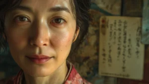 Jornada fluência japonês: Retrato ultrarealista de uma pessoa (de etnia diversa, gênero neutro) com expressão focada e serena, em um ambiente que sugere aprendizado e progresso no japonês. Ao fundo, elementos sutilmente borrados como um caderno com anotações em hiragana/katakana/kanji e um tablet exibindo um aplicativo de idiomas. Pode haver um toque de elementos culturais japoneses, como um origami ou um pequeno bonsai, em segundo plano. A iluminação é suave e natural, vindo de uma janela lateral, criando uma atmosfera de calma e inspiração. As cores são quentes, com predominância de tons terrosos e verdes suaves, transmitindo uma sensação de dedicação e sucesso alcançado.