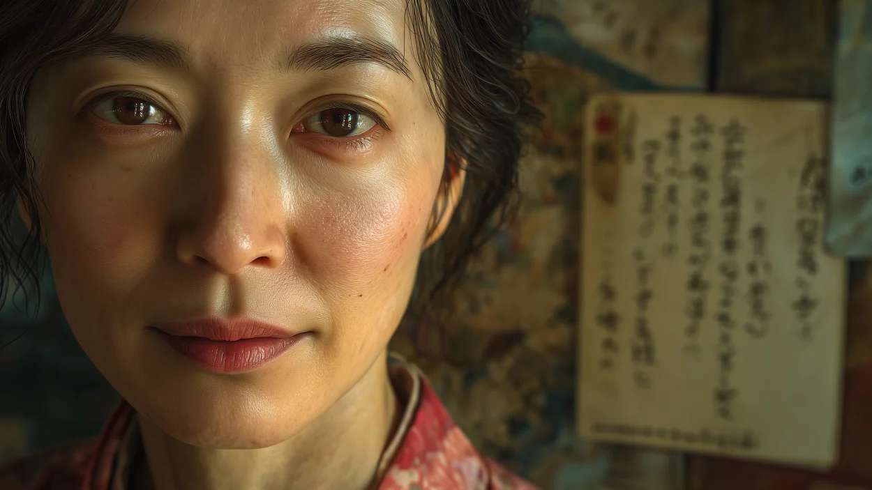 Jornada fluência japonês: Retrato ultrarealista de uma pessoa (de etnia diversa, gênero neutro) com expressão focada e serena, em um ambiente que sugere aprendizado e progresso no japonês. Ao fundo, elementos sutilmente borrados como um caderno com anotações em hiragana/katakana/kanji e um tablet exibindo um aplicativo de idiomas. Pode haver um toque de elementos culturais japoneses, como um origami ou um pequeno bonsai, em segundo plano. A iluminação é suave e natural, vindo de uma janela lateral, criando uma atmosfera de calma e inspiração. As cores são quentes, com predominância de tons terrosos e verdes suaves, transmitindo uma sensação de dedicação e sucesso alcançado.