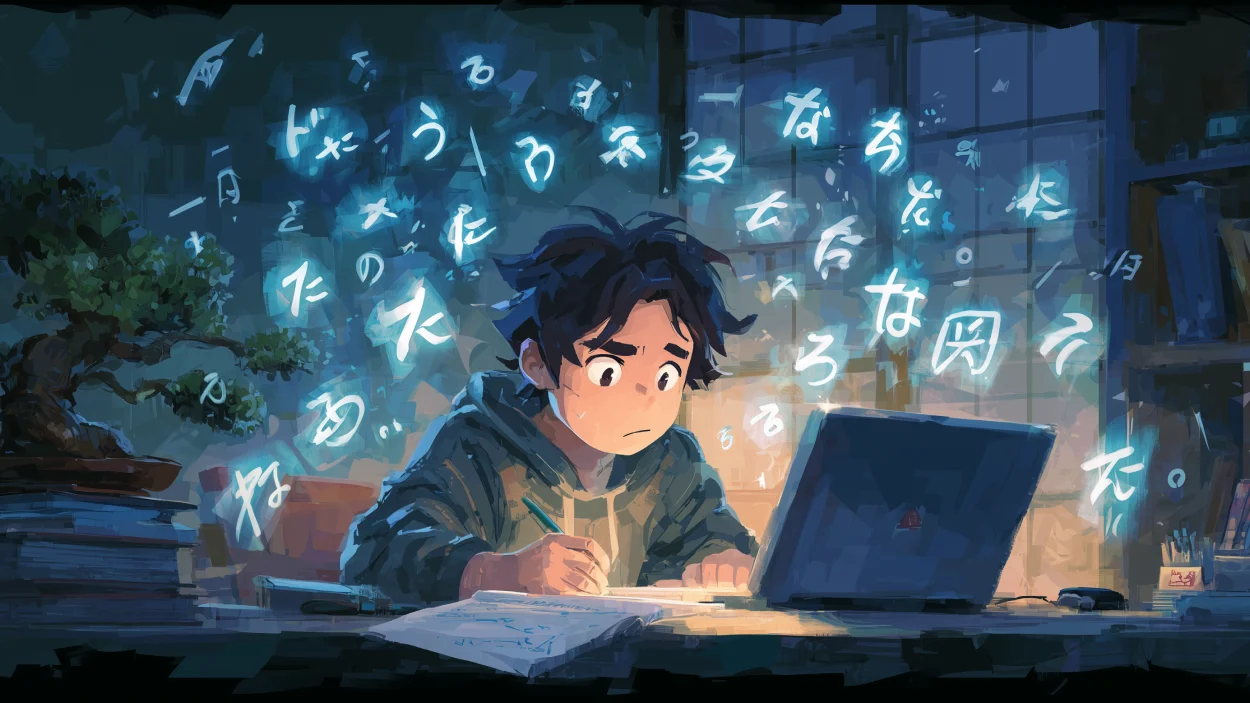 Método de Estudo Japonês: Um estudante jovem e focado, com um rosto expressivo de determinação e alívio, sentado em uma escrivaninha moderna, rodeado por elementos que mesclam a tradição japonesa com a tecnologia. No lado esquerdo, kanjis e hiragana/katakana flutuam suavemente como hologramas luminosos. No lado direito, um laptop aberto exibe um flashcard do Anki, e um fone de ouvido bluetooth está próximo. Ao fundo, um biombo japonês sutilmente iluminado e uma planta bonsai. A iluminação é suave, mas direcionada, criando um contraste acolhedor. Cores predominantes: tons de azul sereno, verde claro e detalhes em vermelho cereja. Estilo ultra-realista, como uma fotografia de alta resolução. Sensação de tranquilidade, eficiência e progresso.