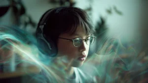 Um jovem estudante de pronúncia japonesa (ultrarealista, estilo fotografia) com fones de ouvido, concentrado, praticando japonês, com a boca semiaberta para pronunciar. Ao redor da cabeça, visualizações sutis de ondas sonoras e diagramas de pitch accent flutuando em tons suaves de azul e verde. No fundo, um ambiente moderno e minimalista com elementos japoneses discretos (ex: bonsai ou arte caligráfica desfocada). Iluminação suave e natural. Cores claras e tons pastéis. Sentimento de foco, aprendizado e fluidez. Proporção 16:9.