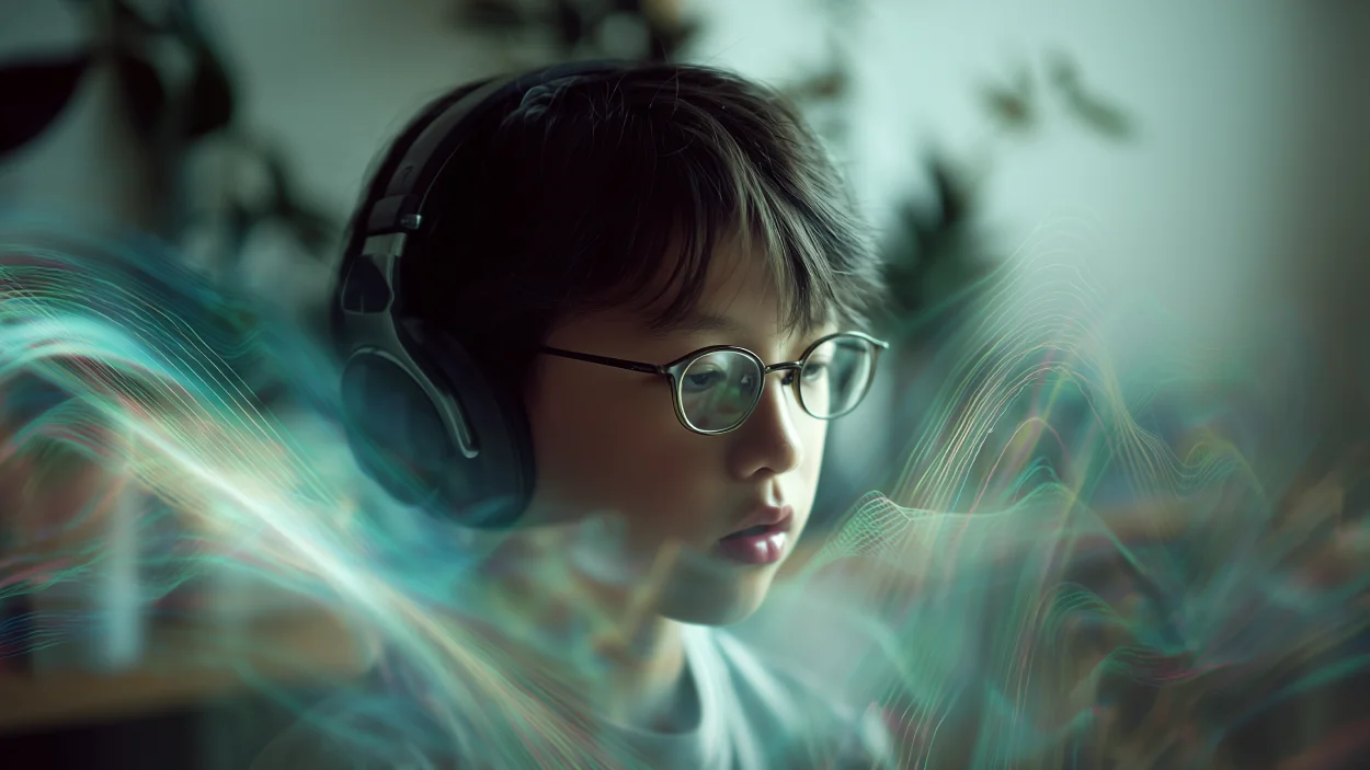 Um jovem estudante de pronúncia japonesa (ultrarealista, estilo fotografia) com fones de ouvido, concentrado, praticando japonês, com a boca semiaberta para pronunciar. Ao redor da cabeça, visualizações sutis de ondas sonoras e diagramas de pitch accent flutuando em tons suaves de azul e verde. No fundo, um ambiente moderno e minimalista com elementos japoneses discretos (ex: bonsai ou arte caligráfica desfocada). Iluminação suave e natural. Cores claras e tons pastéis. Sentimento de foco, aprendizado e fluidez. Proporção 16:9.