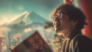 Uma pessoa jovem e sorridente, com aparência sul-americana, olhando para o horizonte com um tablet ou livro aberto mostrando caracteres japoneses (Hiragana e Katakana) em primeiro plano. Ao fundo, uma paisagem inspiradora que mistura elementos tradicionais japoneses (como uma silhueta do Monte Fuji ou torii gate) com um toque moderno de uma cidade japonesa. Luz natural suave e otimista do amanhecer ou entardecer. Cores vibrantes, com tons de azul, verde e cerejeira. Estilo fotográfico ultra-realista e detalhado, transmitindo uma sensação de descoberta, possibilidade e sucesso na jornada de aprender japonês.