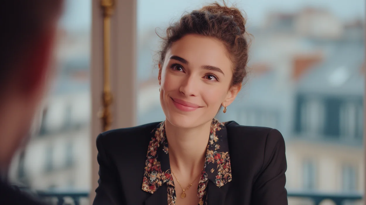 Fotografia ultra-realista de um profissional jovem (homem ou mulher, etnia mista) em um traje de negócios moderno, sorrindo confiante enquanto fala em uma entrevista de emprego formal. No fundo, um escritório elegante com uma vista suavemente desfocada de uma cidade com arquitetura parisiense. Elementos sutis de vocabulário francês flutuam ao redor da cabeça do profissional como um halo de ideias. Iluminação suave e profissional, cores quentes e inspiradoras. Sensação de sucesso, inteligência e proatividade. Proporção